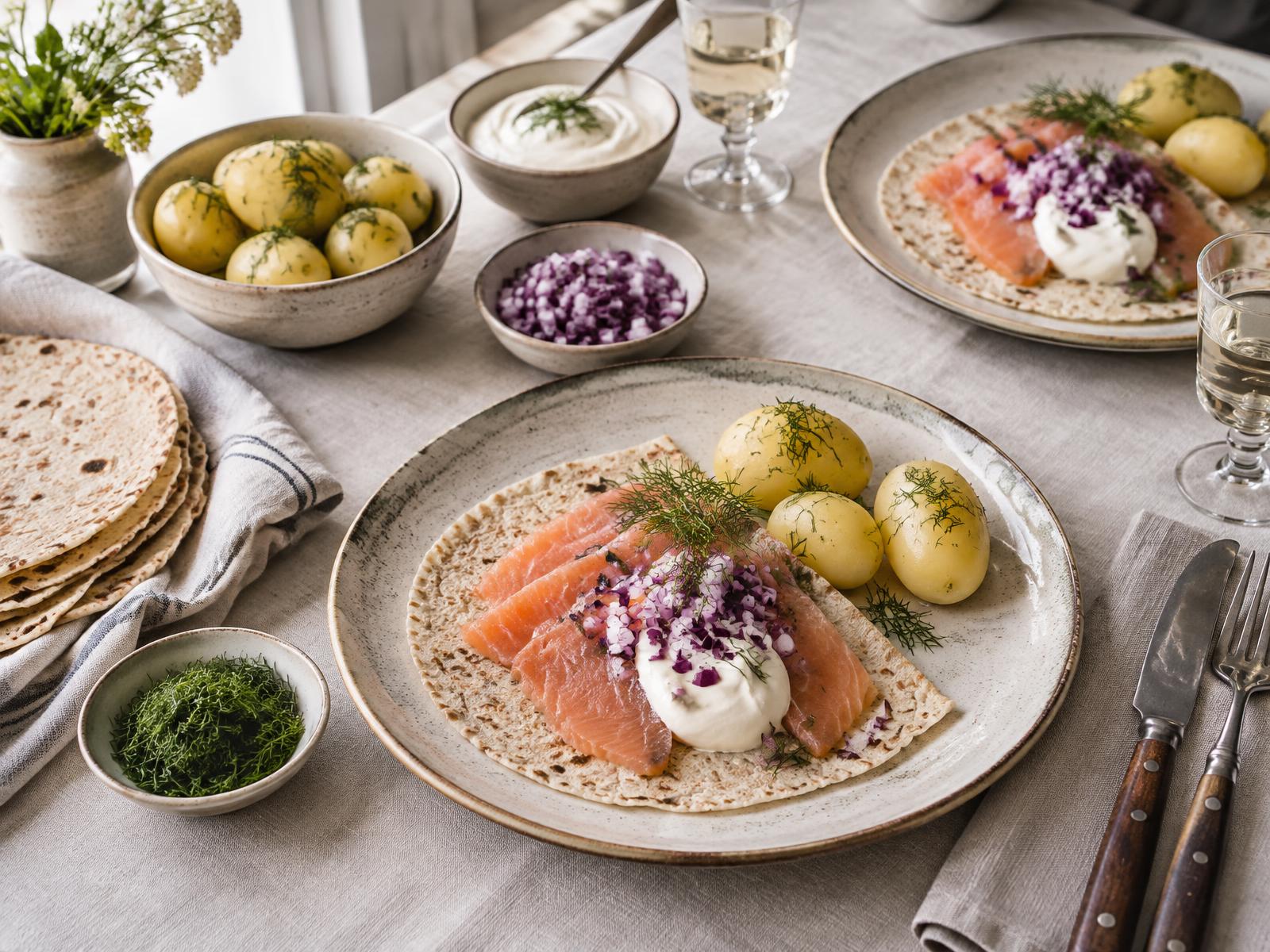 Rakfisk servert med lompe, rømme, rødløk og poteter
